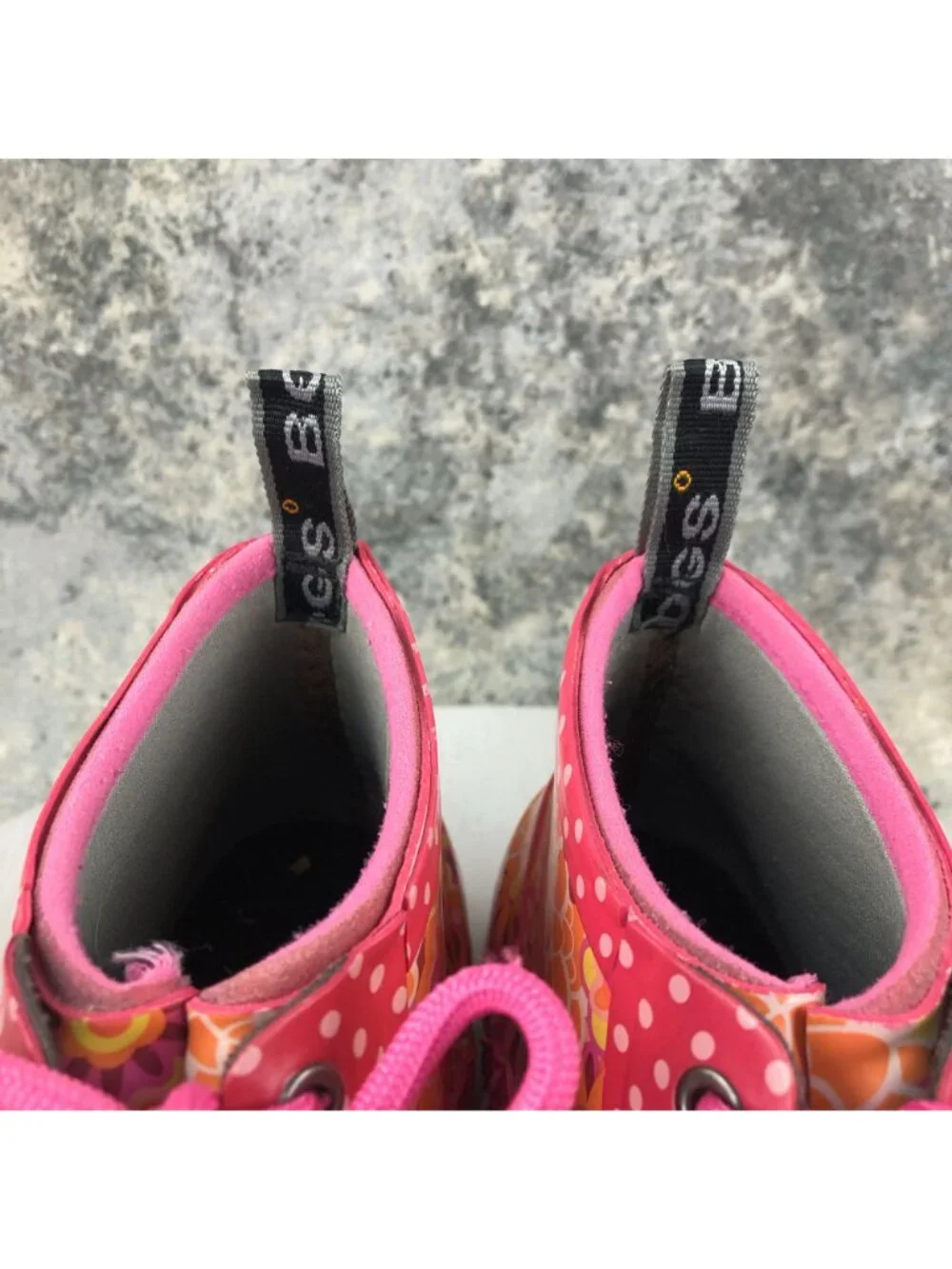 Bogs Kids Size 6 Charlot Pink Orange Floral Print Lace-Up Ankle Rain Boots